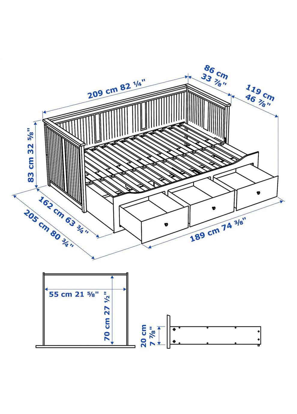 Каркас шезлонга з 3 ящиками ІКЕА HEMNES 80х200 см (60372276) IKEA (278408596)