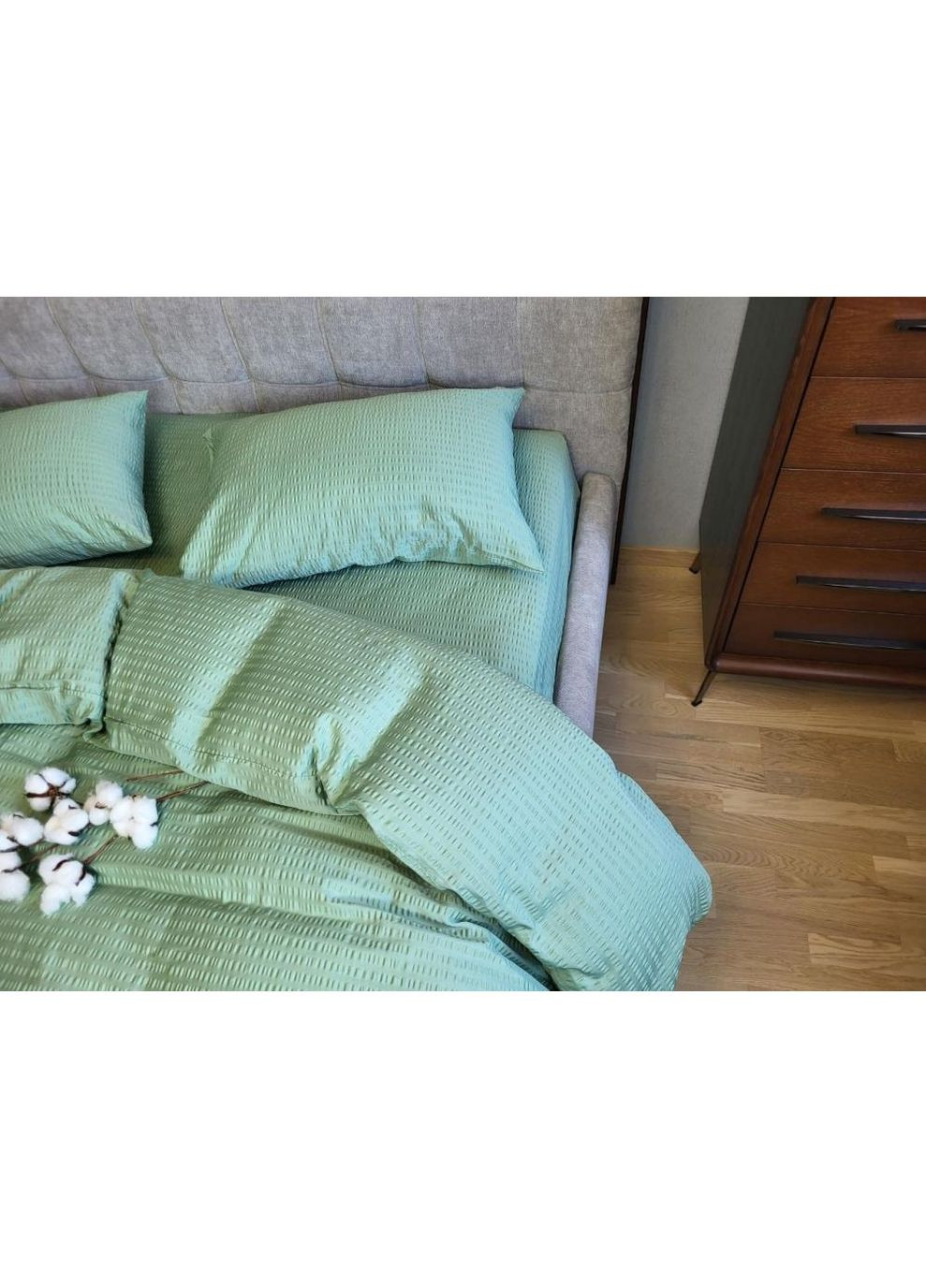 Постельное белье с резинкой Зеленый, сатин GOFRE PREMIUM Полуторный размер, наволочки 50/70 No Brand (364219385)