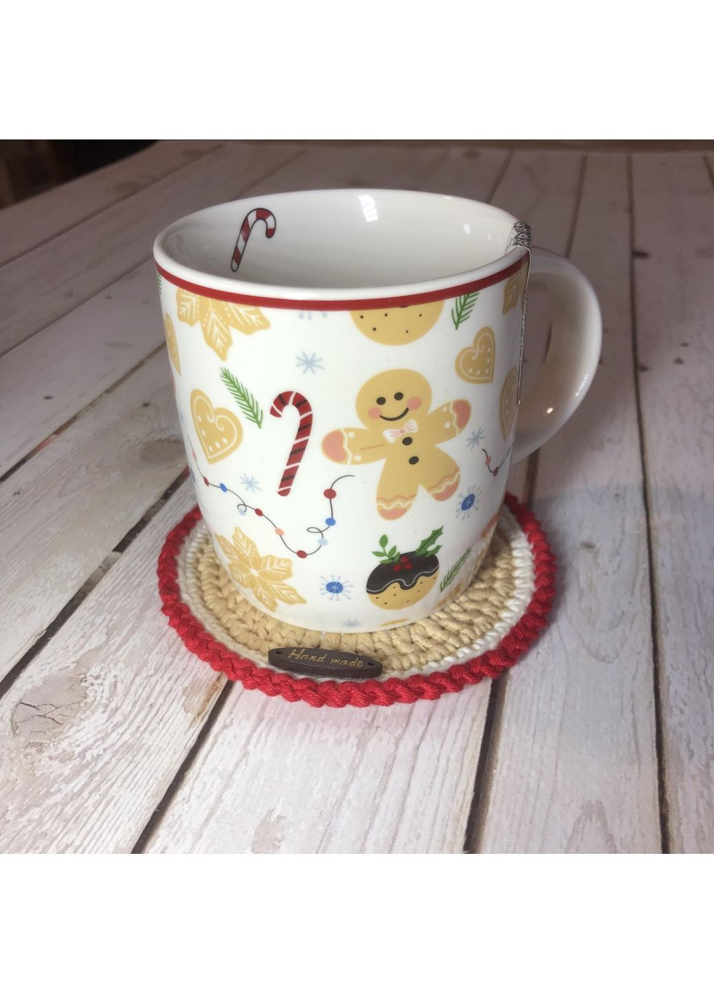 Набор: чашка 365 мл и вязаная подставка под нее, подарок на Новый год, Рождество No Brand (364122396)