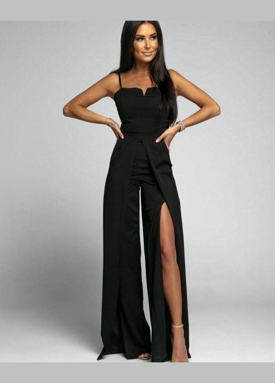 Комбінезон жіночий No Brand комбінезон-брюки однотонний чорний святковий, коктейльний, діловий, відвертий, вечірній