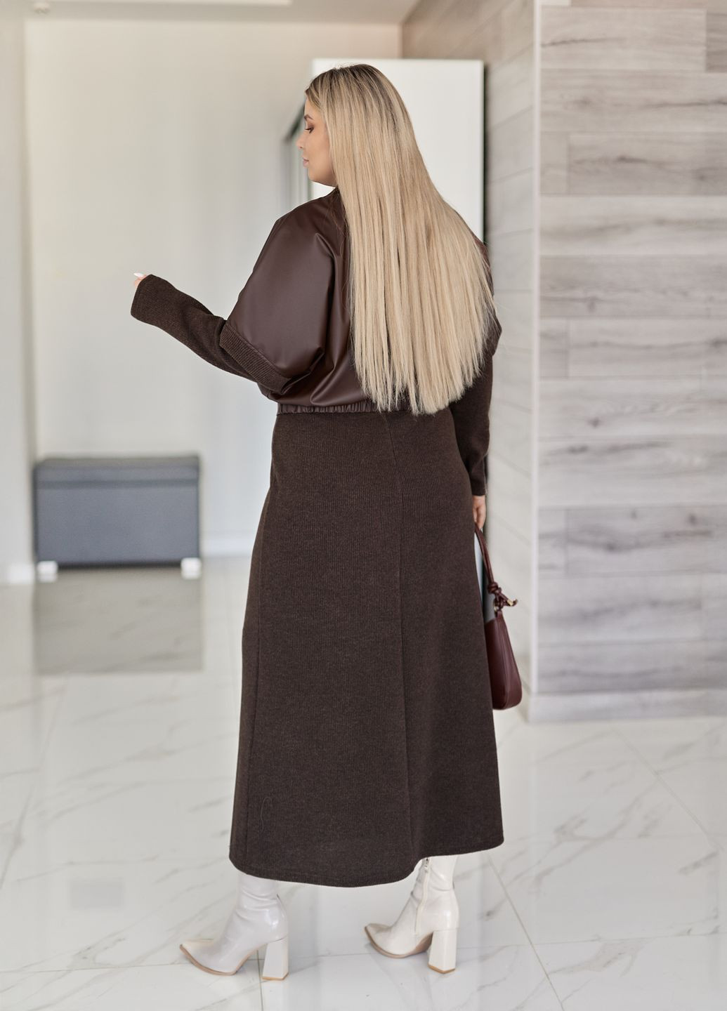 Костюм женский демисезонный без капюшона ангора эко-кожа (жилет + платье) No Brand (364930477)