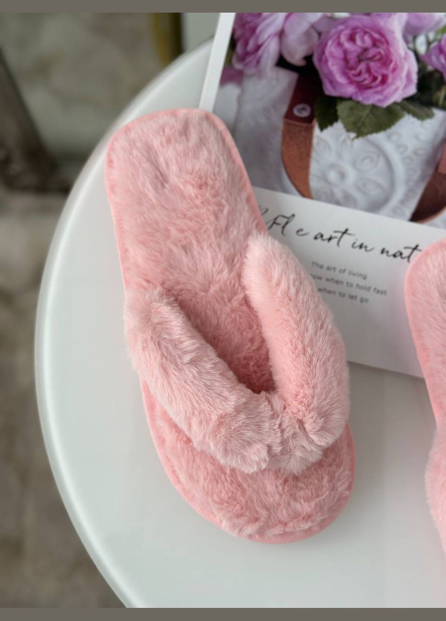 Жіночі хутряні домашні капці в'єтнамки з вікритим носком рожеві тапки No Brand (321171606)