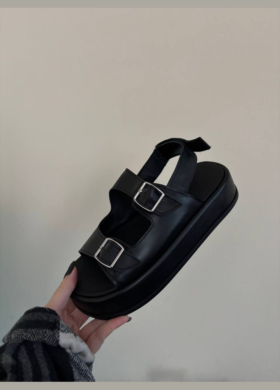 Черные босоножки натуральные на платформе 4 см No Brand на липучке