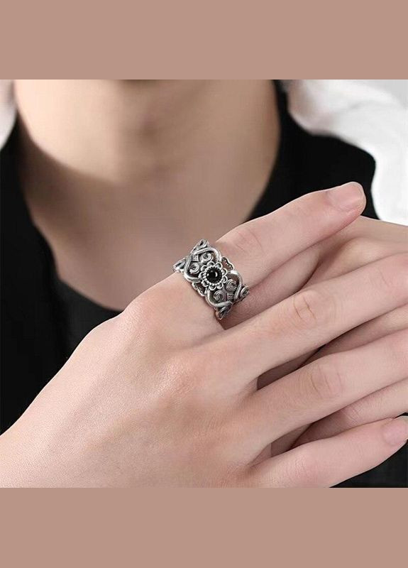 Мужское перстень печатка с черным камнем и роскошными древними узорами, размер регулируемый Fashion Jewelry (285110735)