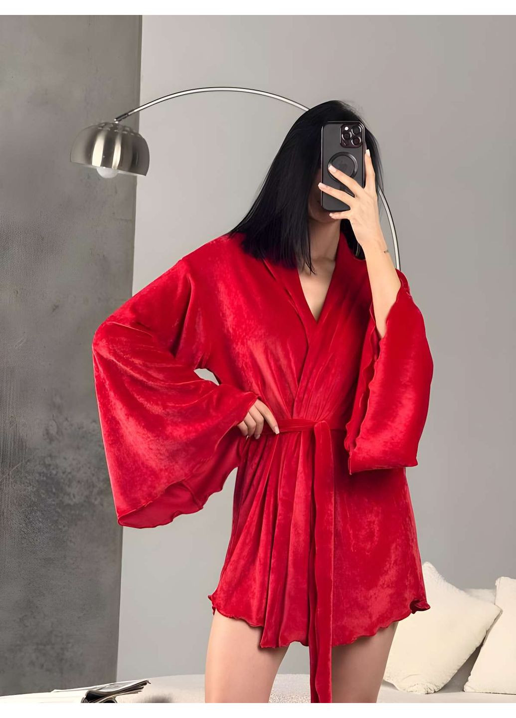 Жіночий короткий велюровий халат міні кімоно із широкими рукавами персиковий Україна (371372779)