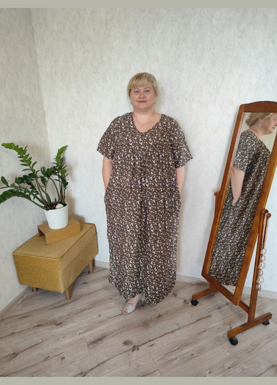 Светло-коричневое спортивное, домашнее, пляжное, повседневный, кэжуал, джинсовое платье штапельное клеш, колокол, оверсайз, плиссированное Saimeiqi с цветочным принтом