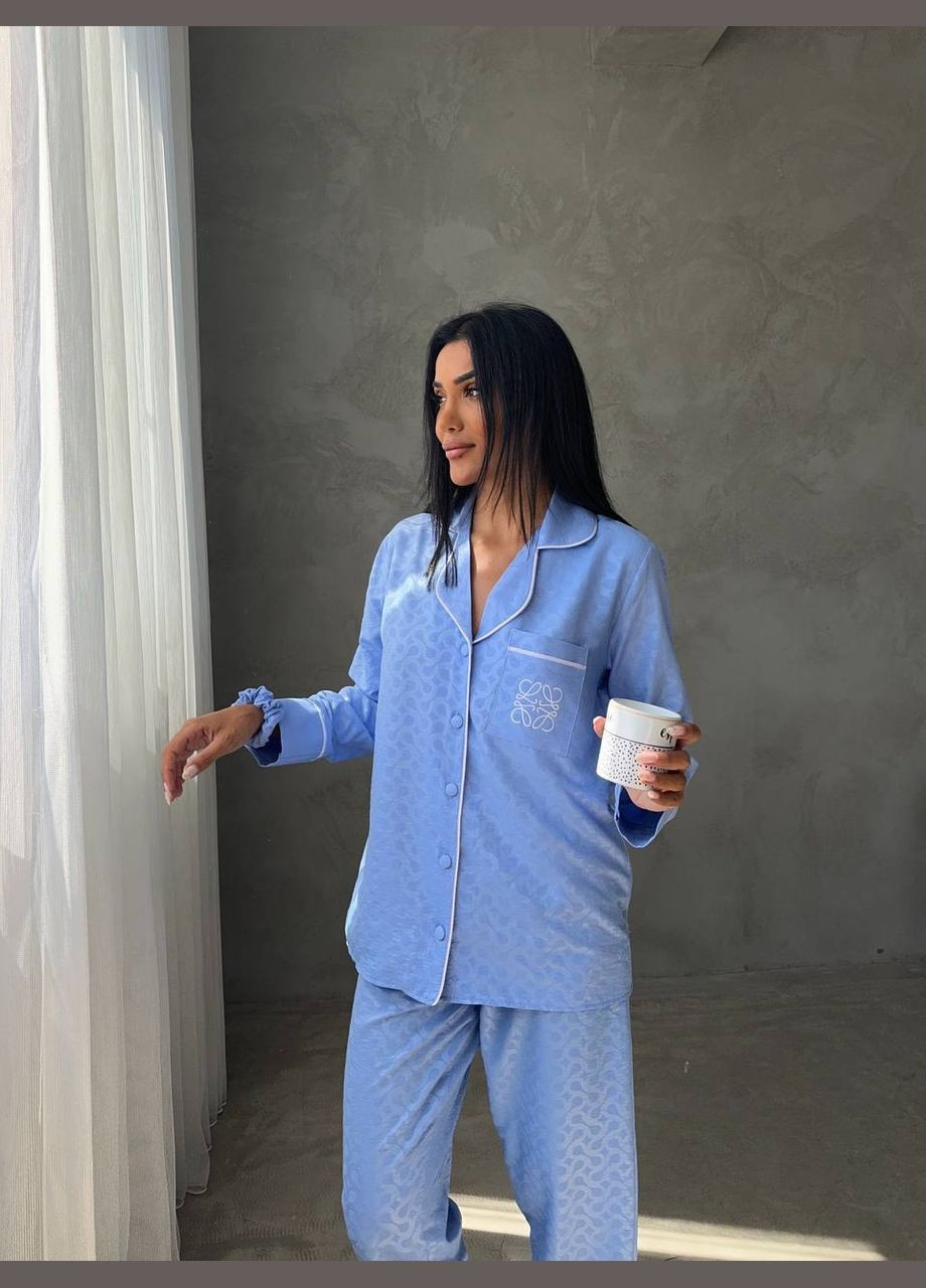 Голубая всесезон стильная пижама с узором рубашка + брюки No Brand