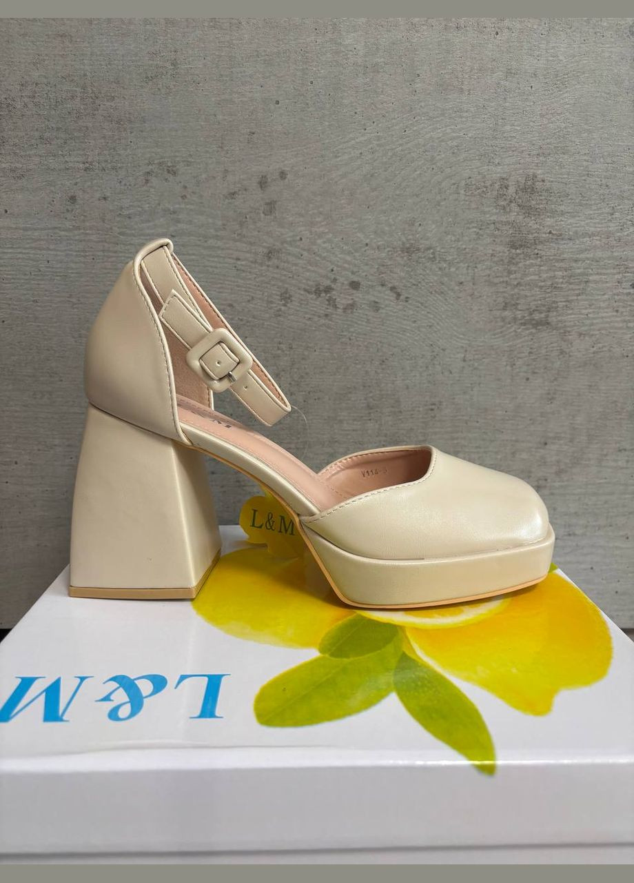 L&M Нарядные бежевые туфли с ремешком, бежевые женские туфли на каблуке, туфли беж бежевый з искусственная кожа, — демисезон (316575420)