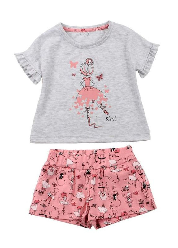 Сіра літня комплект футболка і шорти для дівчинки Flamingo