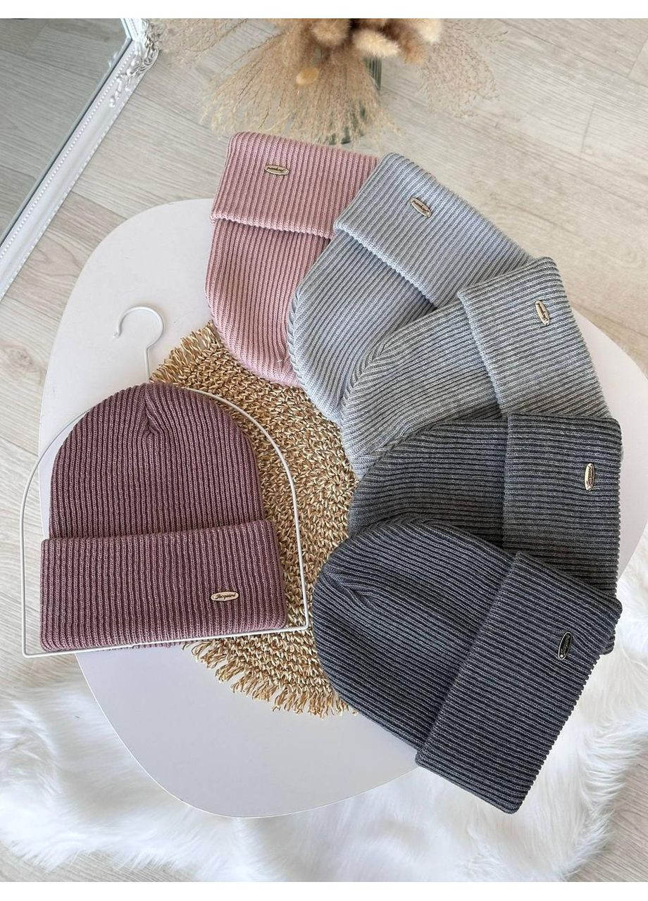 Женская шапка с невысокой лопаткой вязаная. Женская шапка с двойным отворотом универсального размера JK (362146214)