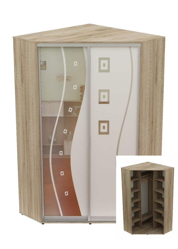 Шафа-купе дводверна кутова 130*130*240 Дуб крафт сірий Дзеркало з піскострумним малюнком Угол-3 Алекса (360470223)