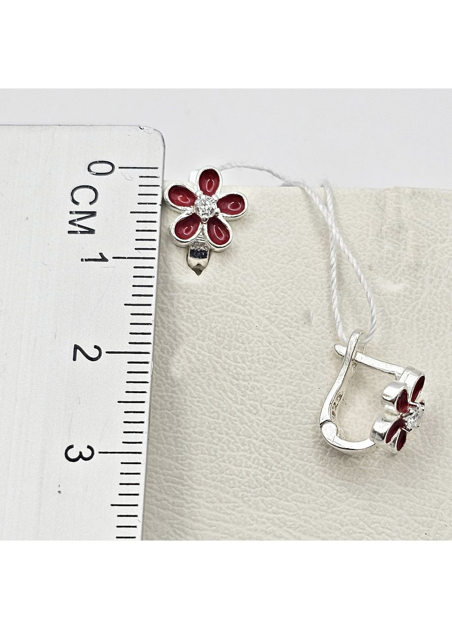 Серьги серебряные с ювелирной красной эмалью и кубическим цирконием "Цветок" 1,77 г No Brand (369737266)