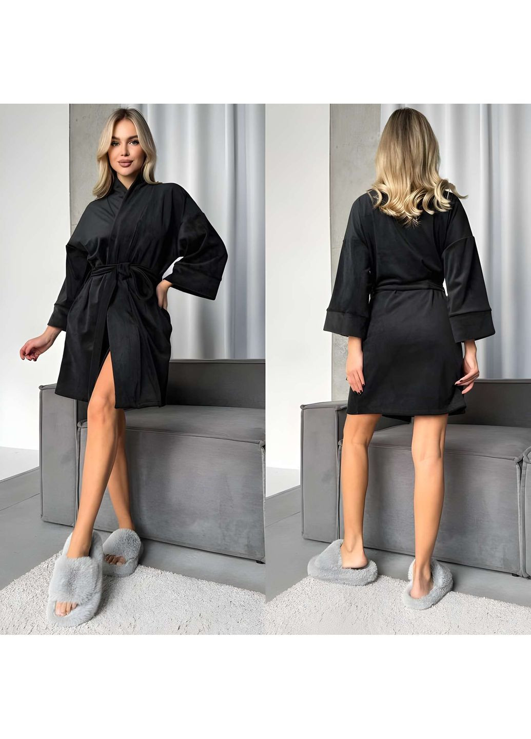 Жіночий зручний велюровий халат на запах сірий Україна (371548113)