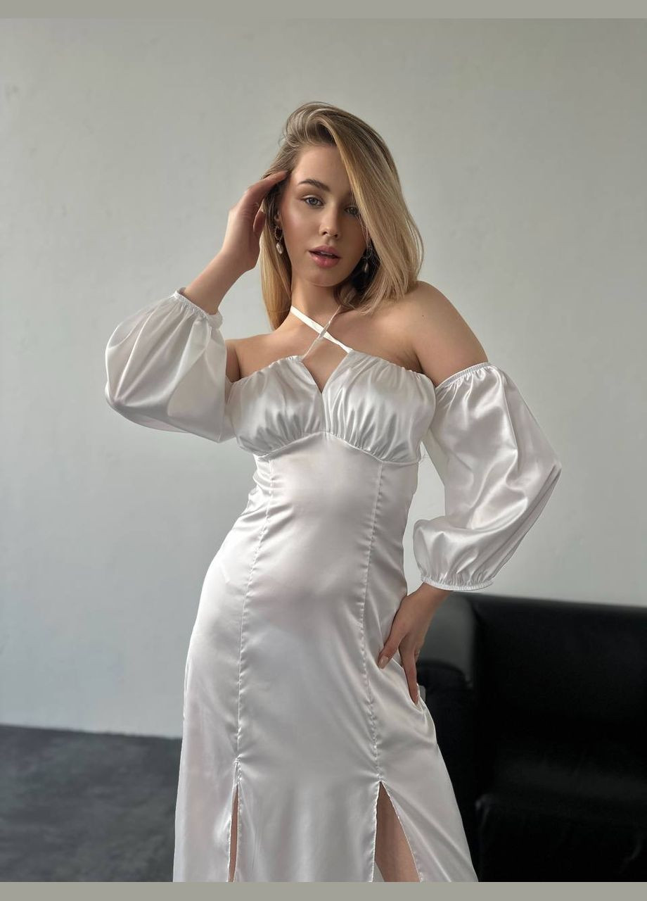 Молочна легка шовкова сукня міді молочного кольору 33585 а-силует No Brand однотонна