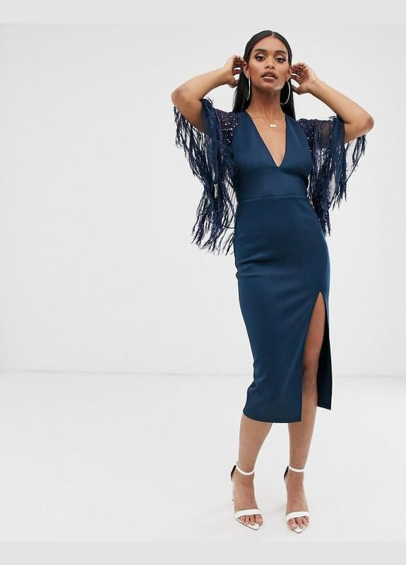 Синя сукня міді з штучним пір'ям Asos