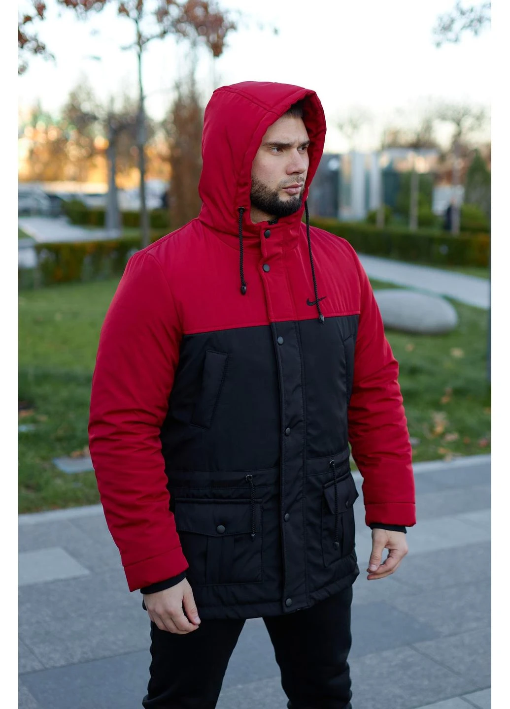 Комбінована зимня парка зимова чоловіча nike червоно-чорна # -