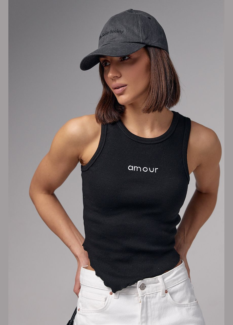 Женская майка в рубчик с асимметрией и надписью Amour Lurex — 284116518