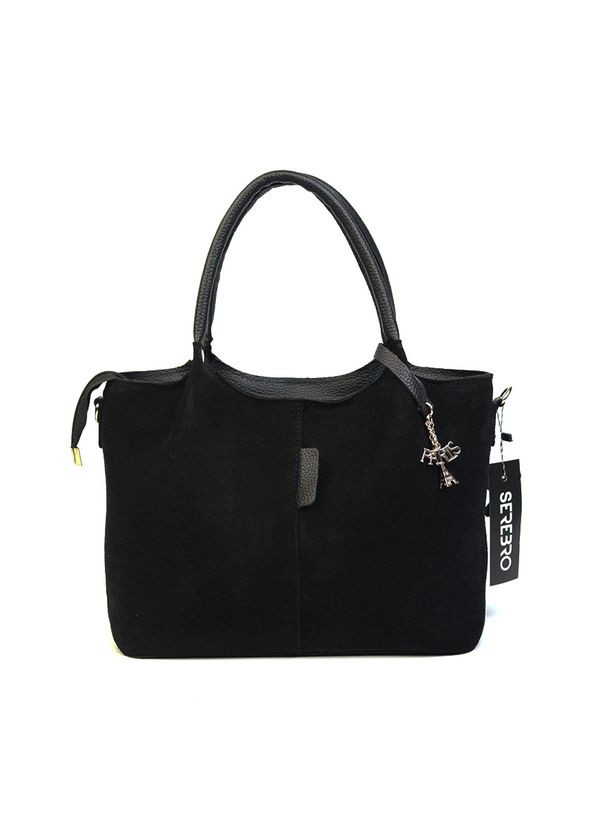 Чорна замшева шкіряна сумка саквояж з ручками і довгим ремінцем через плече Serebro (342374875)