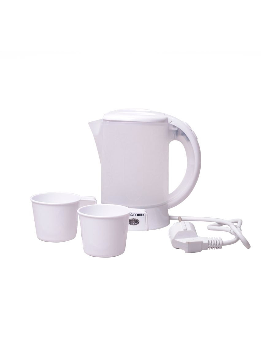 Чайник 0.6 л електричний пластиковий, білийматовий c чашками і ложками KM-1718A Kamille (289059821)