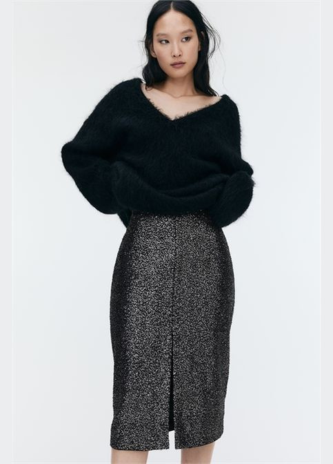 Черная однотонная юбка женская черная меди с пайетками -38 H&M