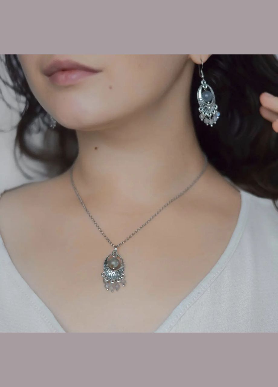Набор Кулон+Серьги Ажурные натуральный камень Лабрадор на цепочке фур-ра цвет сталь No Brand Кулон+Сережки (316324027)