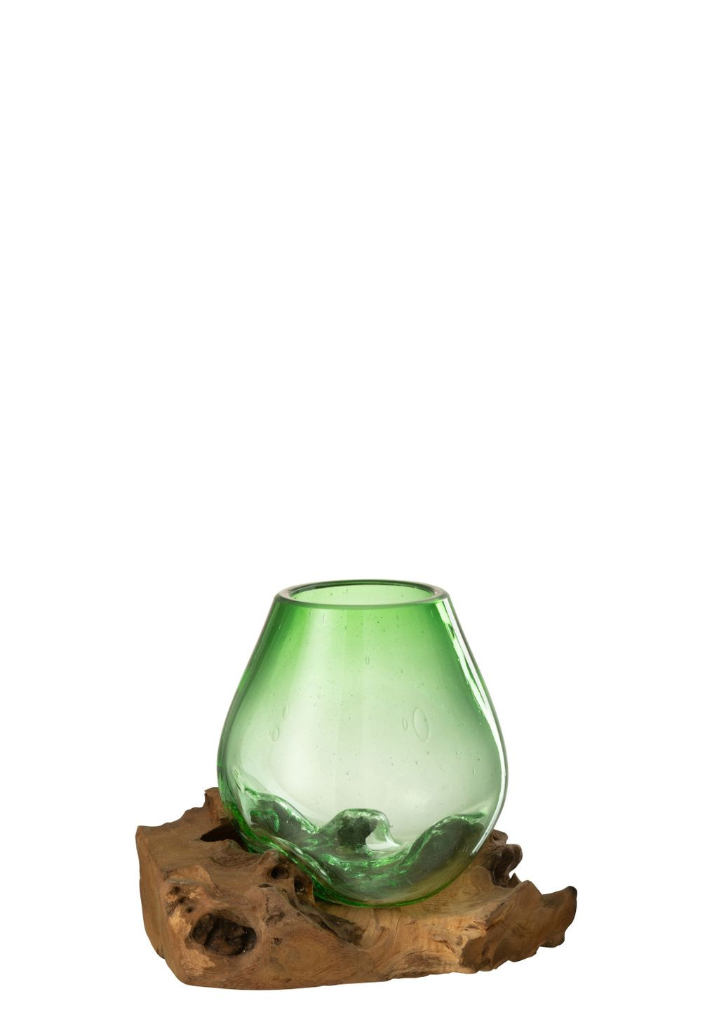 Ваза скляна фігурна зеленого кольору на дереві манго Бельгія (42337) J-Line (302518421)