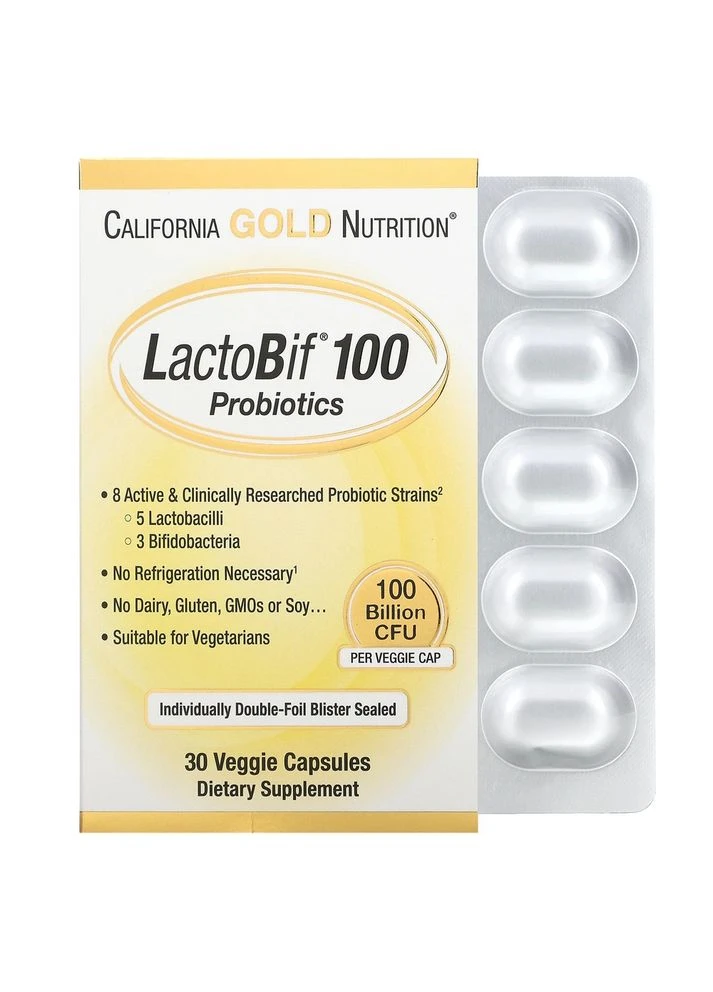 Пробіотики з 8 штамів LactoBif 100 Probiotics, 30 вегакапсул для підтримки мікрофлори кишківника California Gold Nutrition (334705301)
