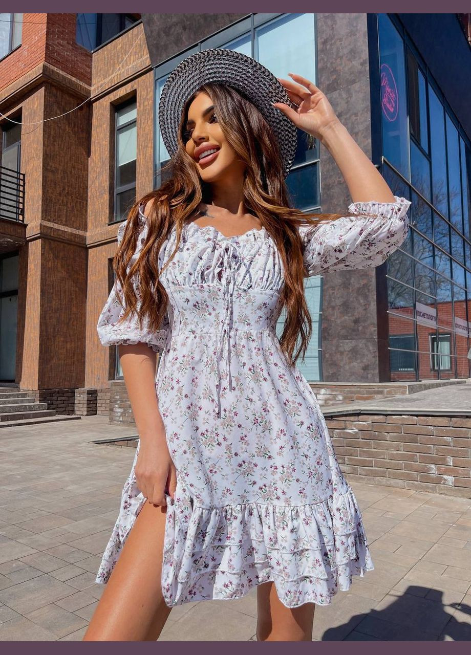 Летний женский мини сарафан с цветочным принтом и открытыми плечами. MonCher в цветочек