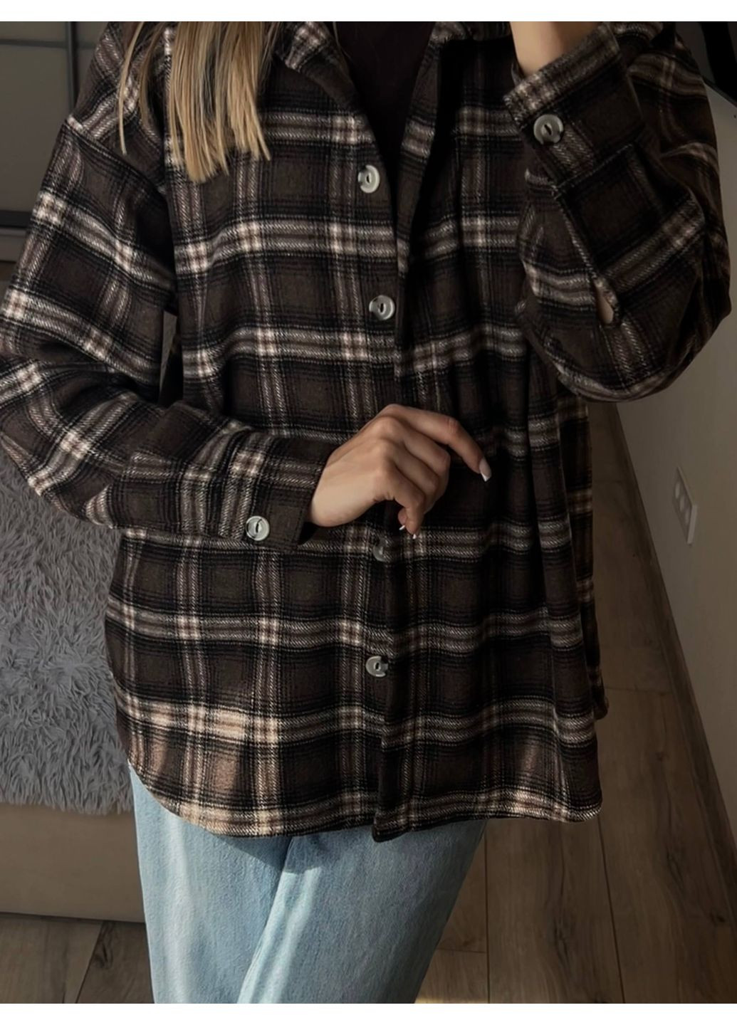 Коричневая повседневный рубашка в клетку DK/DL Мода без кордонів с длинным рукавом