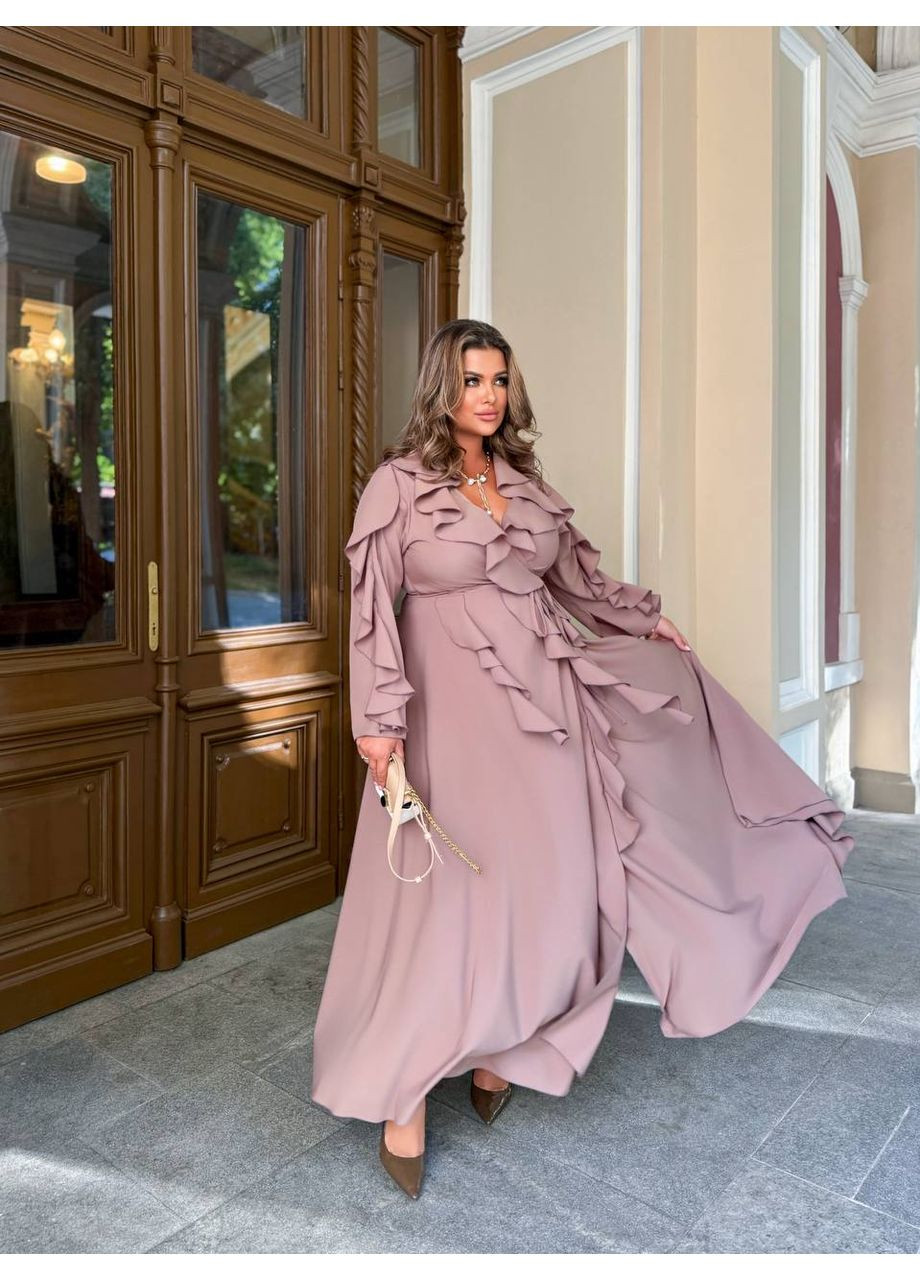 Кофейное праздничный, коктейльное, вечернее длинное платье с оборками а-силуэт Україна однотонное