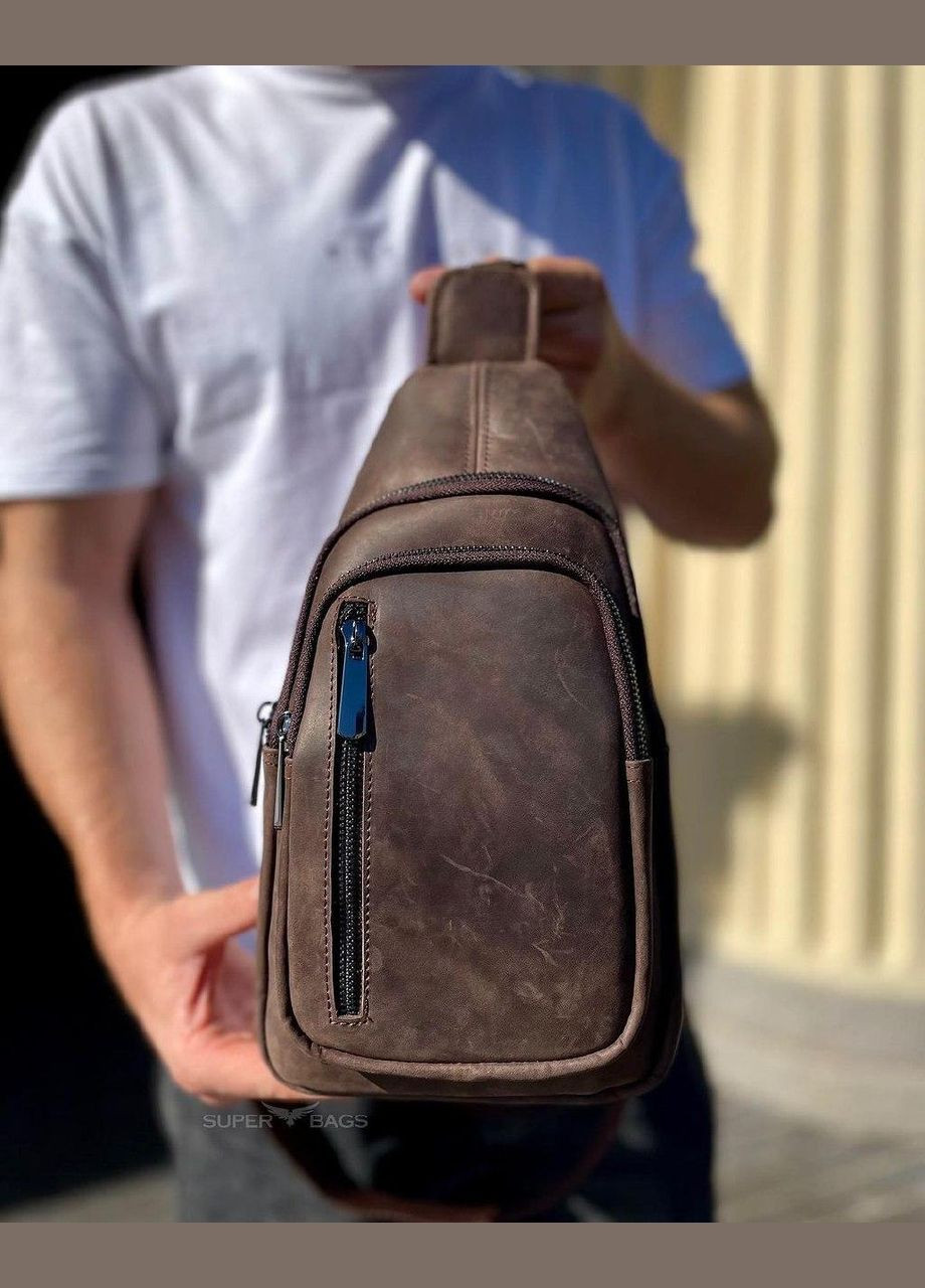 Чоловічий слінг зі шкіри крейзі хорс в коричневому кольорі 6349 No Brand (359380833)