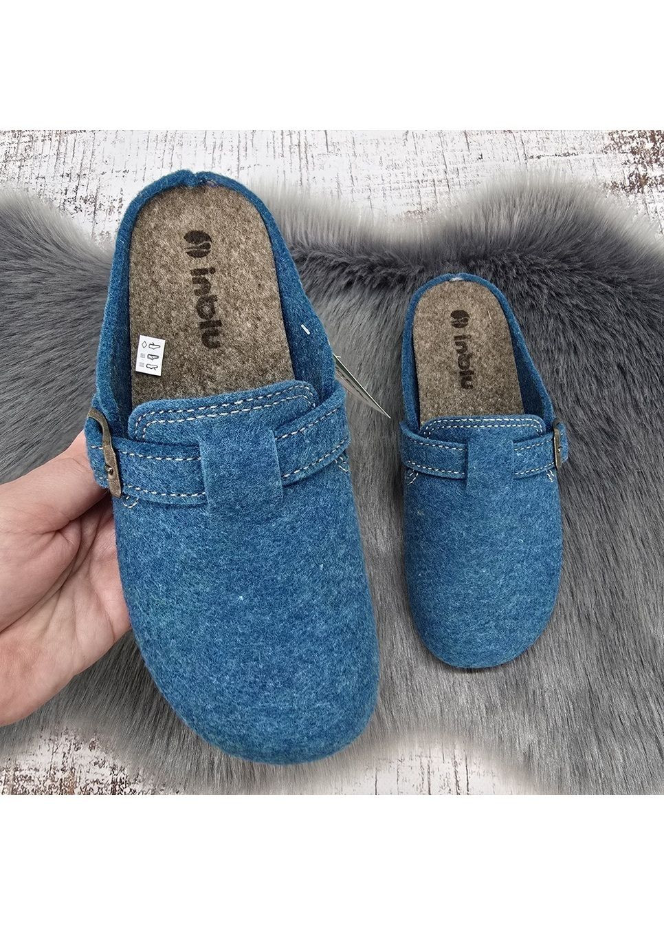 Тапочки жіночі світло-сині фетрові з ремінцем на поліуретановій підошві Inblu (366144520)