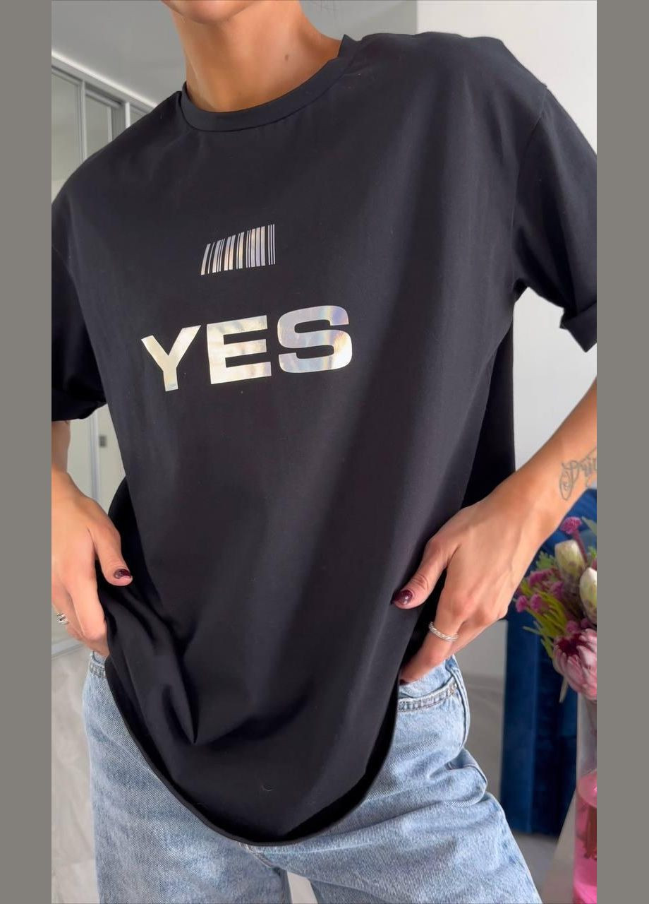 Черная летняя футболка с двусторонней надписью "yes\no" белый оверсайз с коротким рукавом JUGO Yes\No Merilin