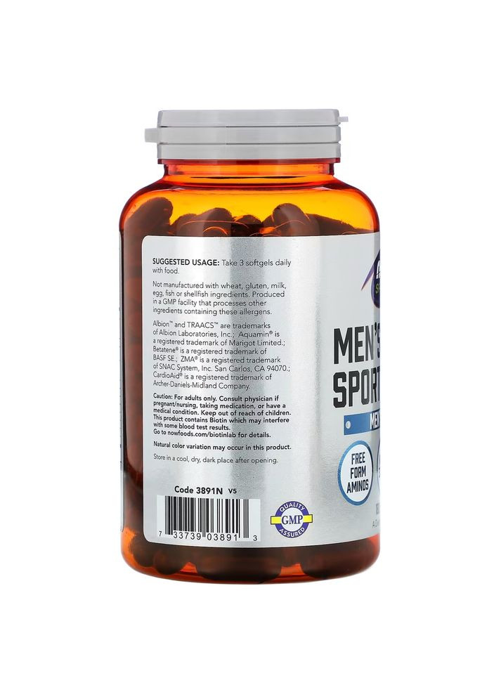 Витамины и минералы Sports Mens Active Sports Multi, 180 капсул Now (322294145)