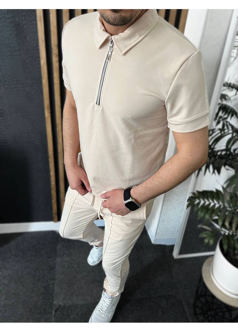 Бежевий демісезонний чоловічий костюм (двійка) – футболка-поло та штани брючний Україна