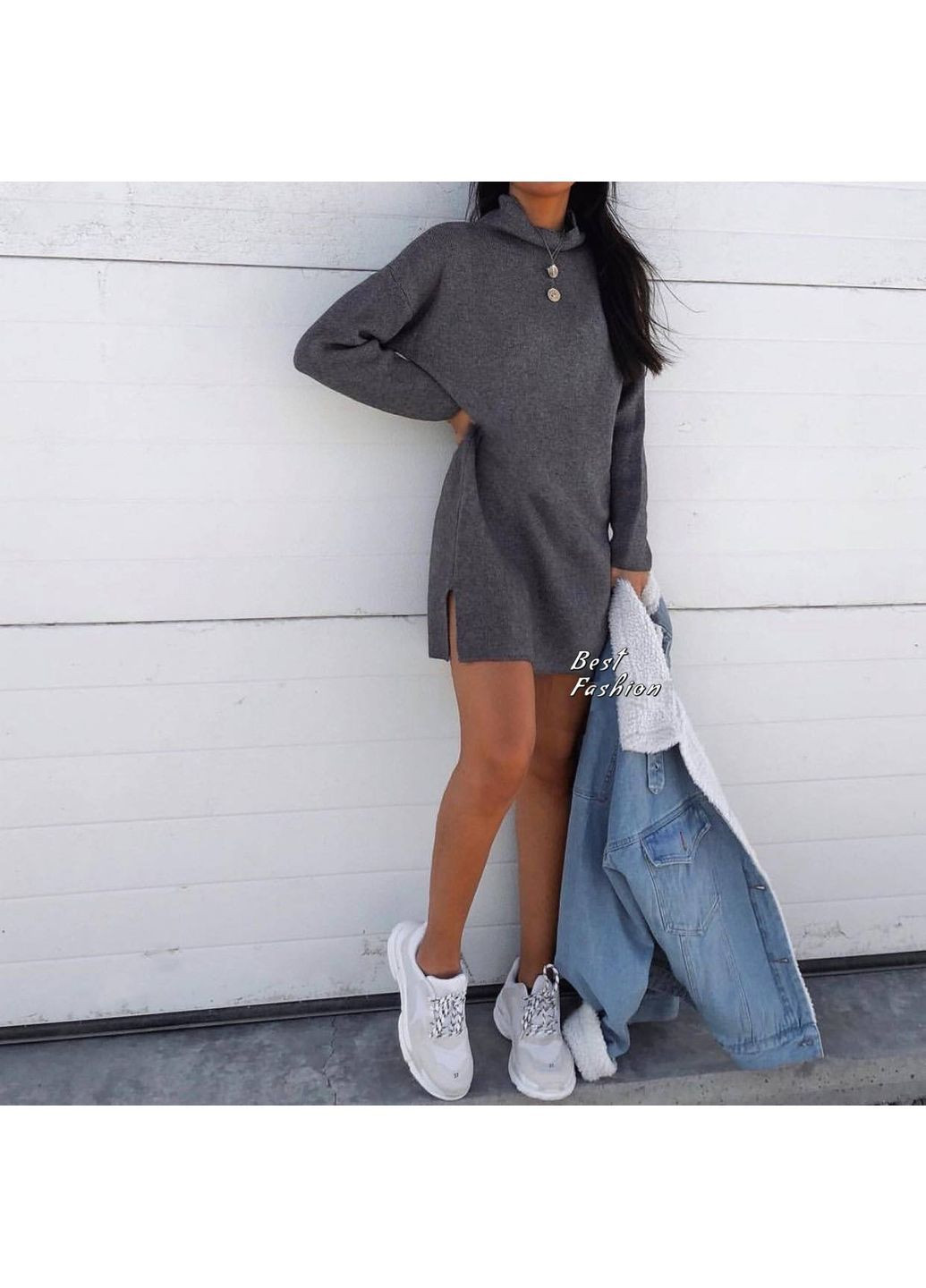 Графитовое повседневный, вечернее, деловое, домашнее, кэжуал женское платье туника платье-свитер No Brand однотонное