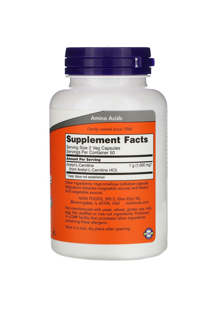 АцетилL-Карнітин 500 мг Acetyl-L-Carnitine жироспалювач для схуднення 100 рослинних капсул Now Foods (264648095)