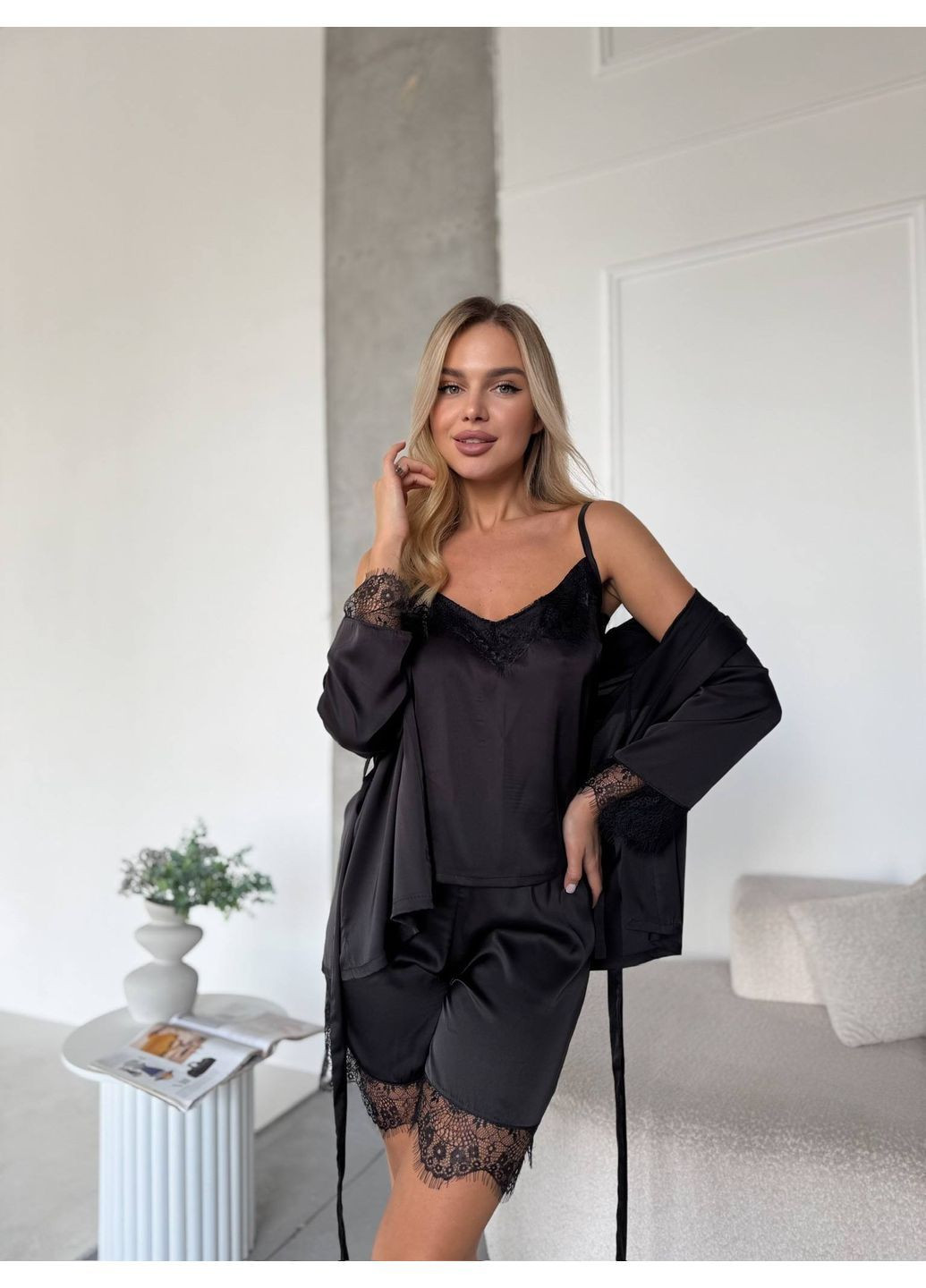 Чорна всесезон жіночий піжамний комплект 4-ка: кімоно, майка, шорти, штани. халат + топ + шорти + штани MonCher