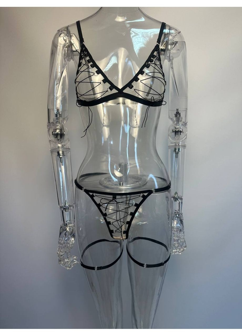 Чорний демісезонний комплект жіночої нижньої білизни poker з шнурівкою бюстгалтер трусики з гартерами та чокер червоний No Brand Покер