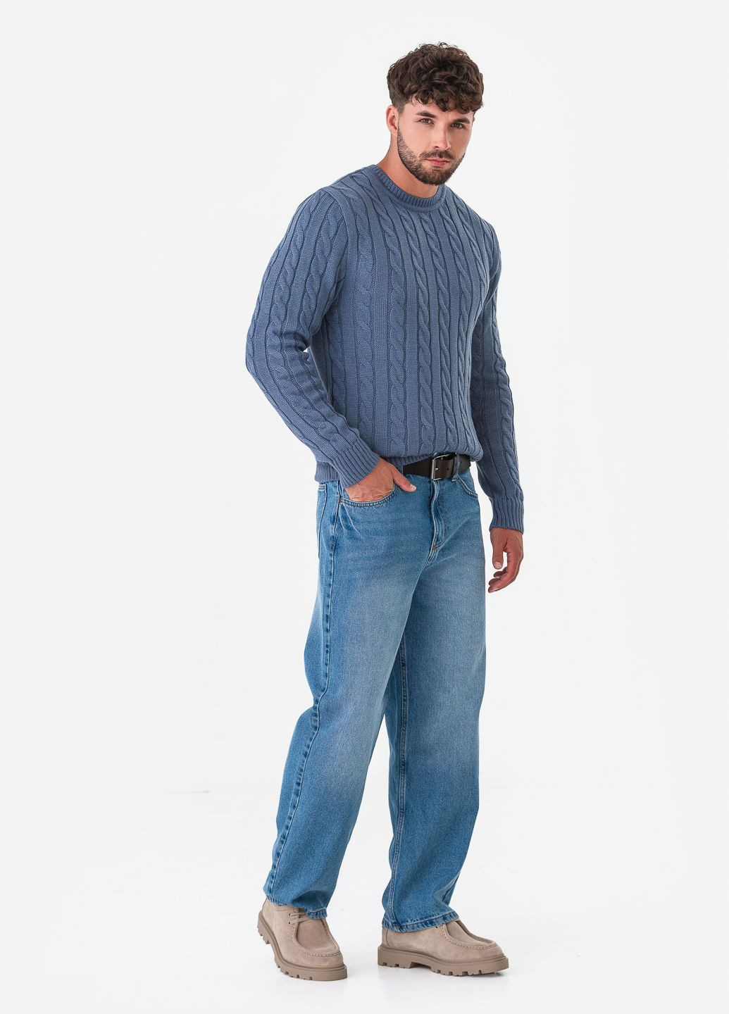 Сіро-синій зимовий чоловічий джемпер з об'ємною в'язкою «коси» SVTR