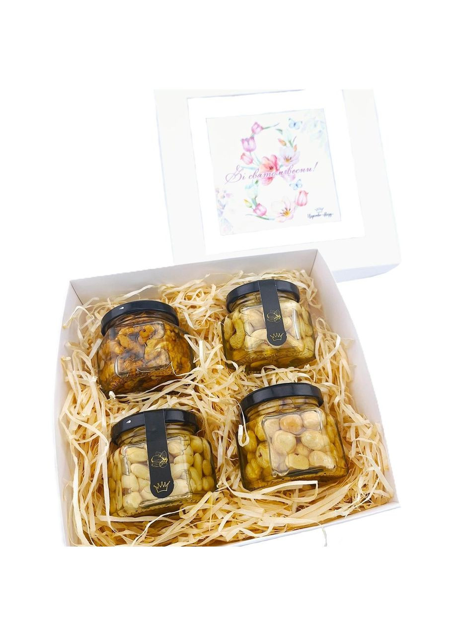Коробка 18-18 см 4 по 130 грамм с орехами у меда 8 марта Царство Меду (360543401)