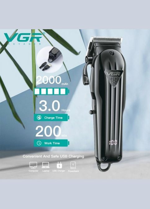 Машинка для стрижки професійна LED-дисплей V-282 акумуляторна бездротова Чорна + 6 насадок No Brand (315341857)