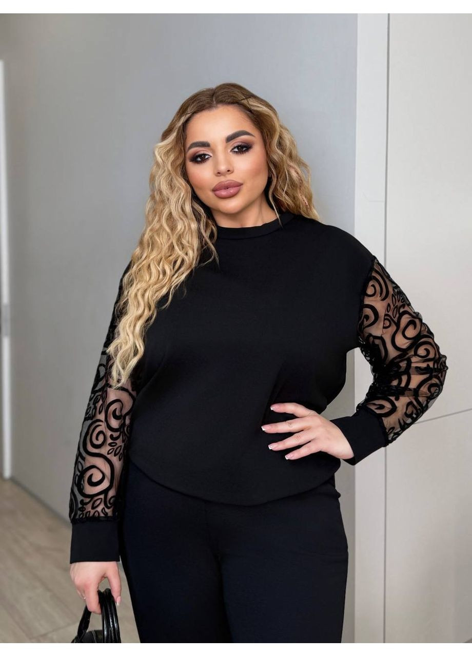 Костюм двійка креп дайвінг,рукава сітка,великих розмірів Україна (349360428)