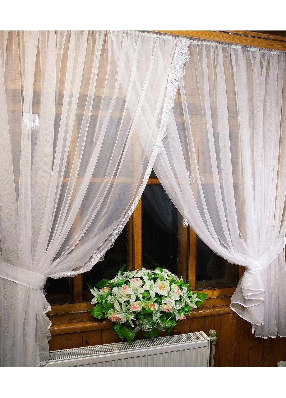 Фіранка готова короткая Поліна біла бамбук вишивка No Brand (372133873)