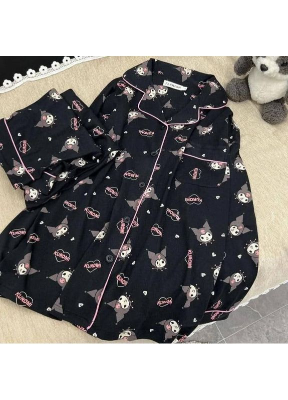 Черная всесезон пижама kuromi подростковая оверсайз брючная в классическом стиле с розовым рубашка + брюки No Brand Піжама підліткова Куромі чорна з рожевим