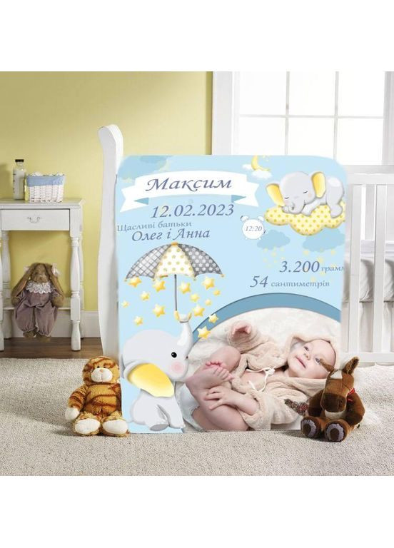 Плед 3D зі своїми побажаннями з метрикою Метриковий плед слоник пухнастик для хлопчика з 1 фото 20222383_C 11566 80х100 см No Brand (358100666)