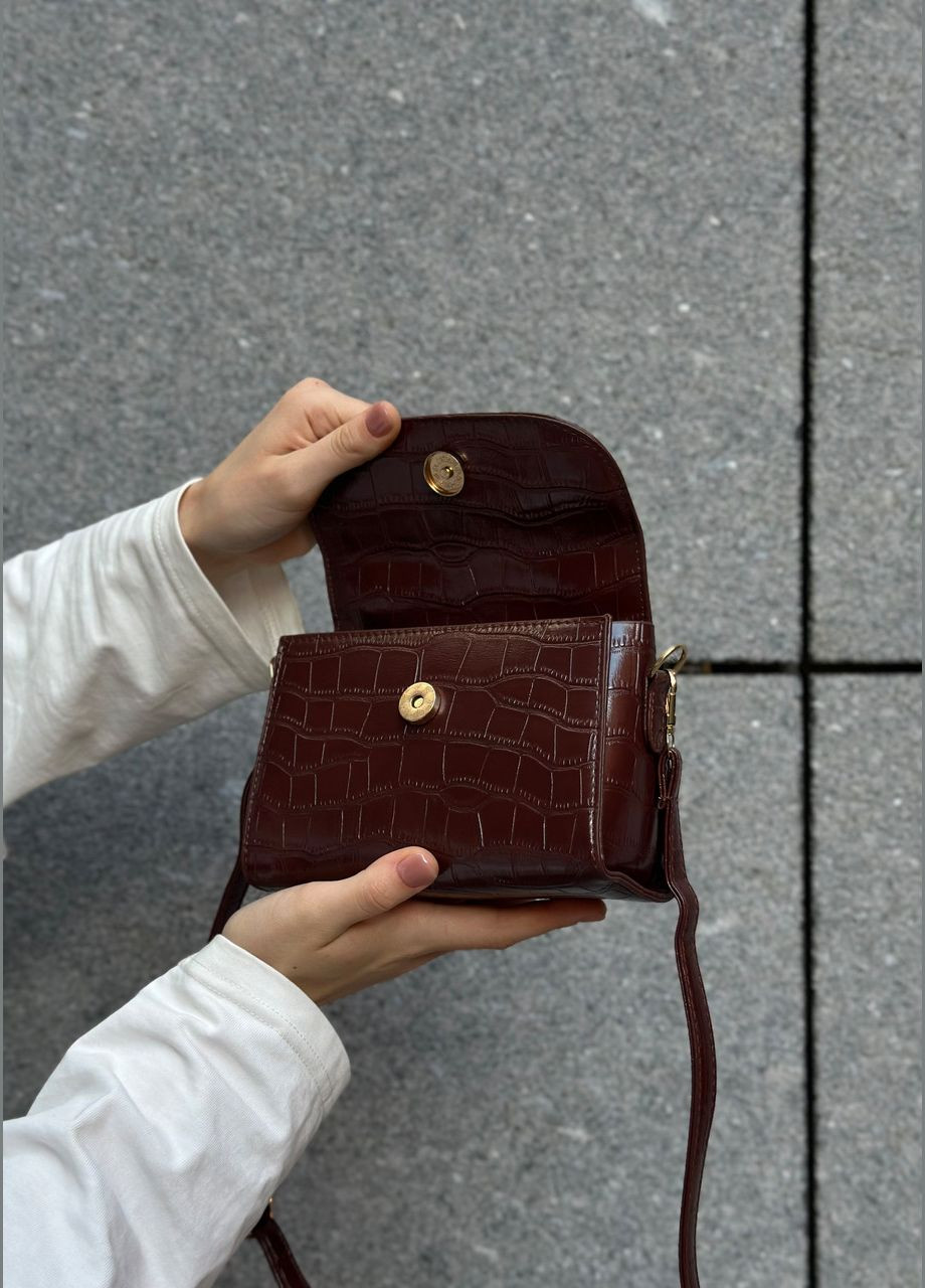 Жіноча крокодилова сумка крос-боді 7314 рептилія темно коричнева бордова No Brand (303323139)