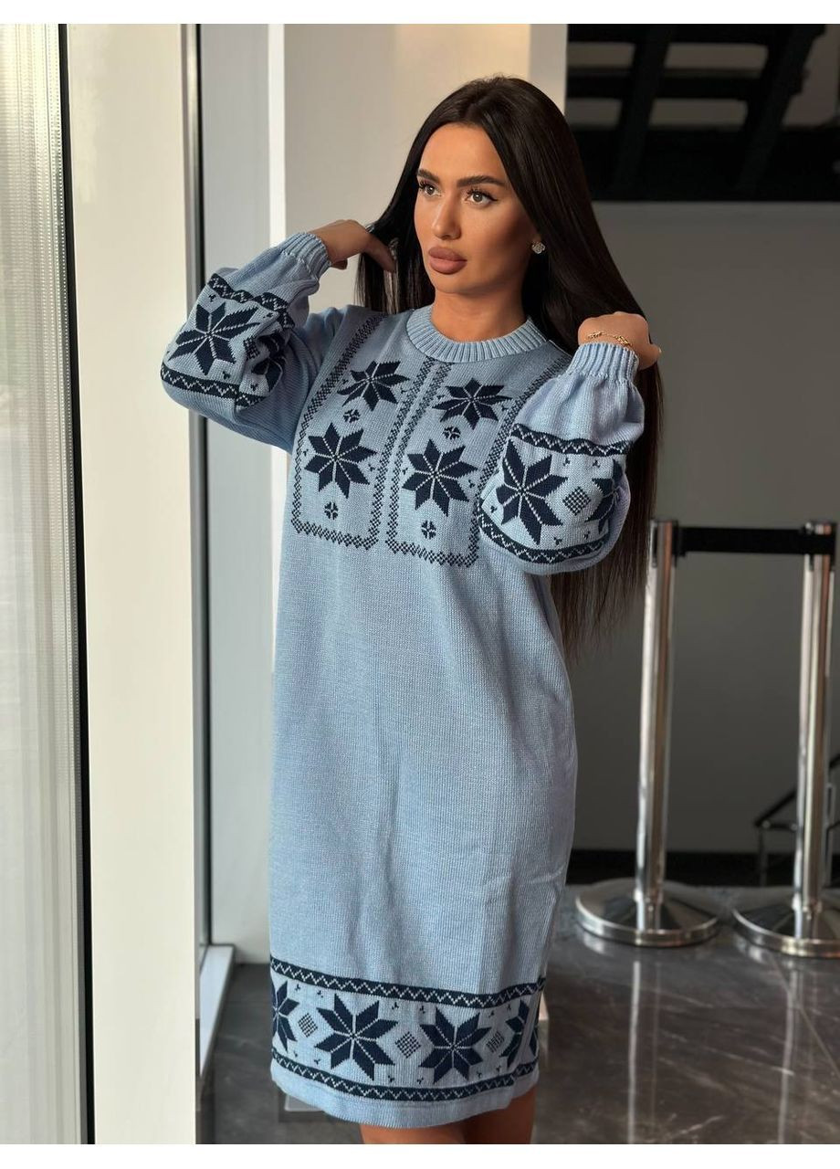 Блакитна святковий, повсякденний, кежуал жіноча в'язана сукня No Brand з орнаментом