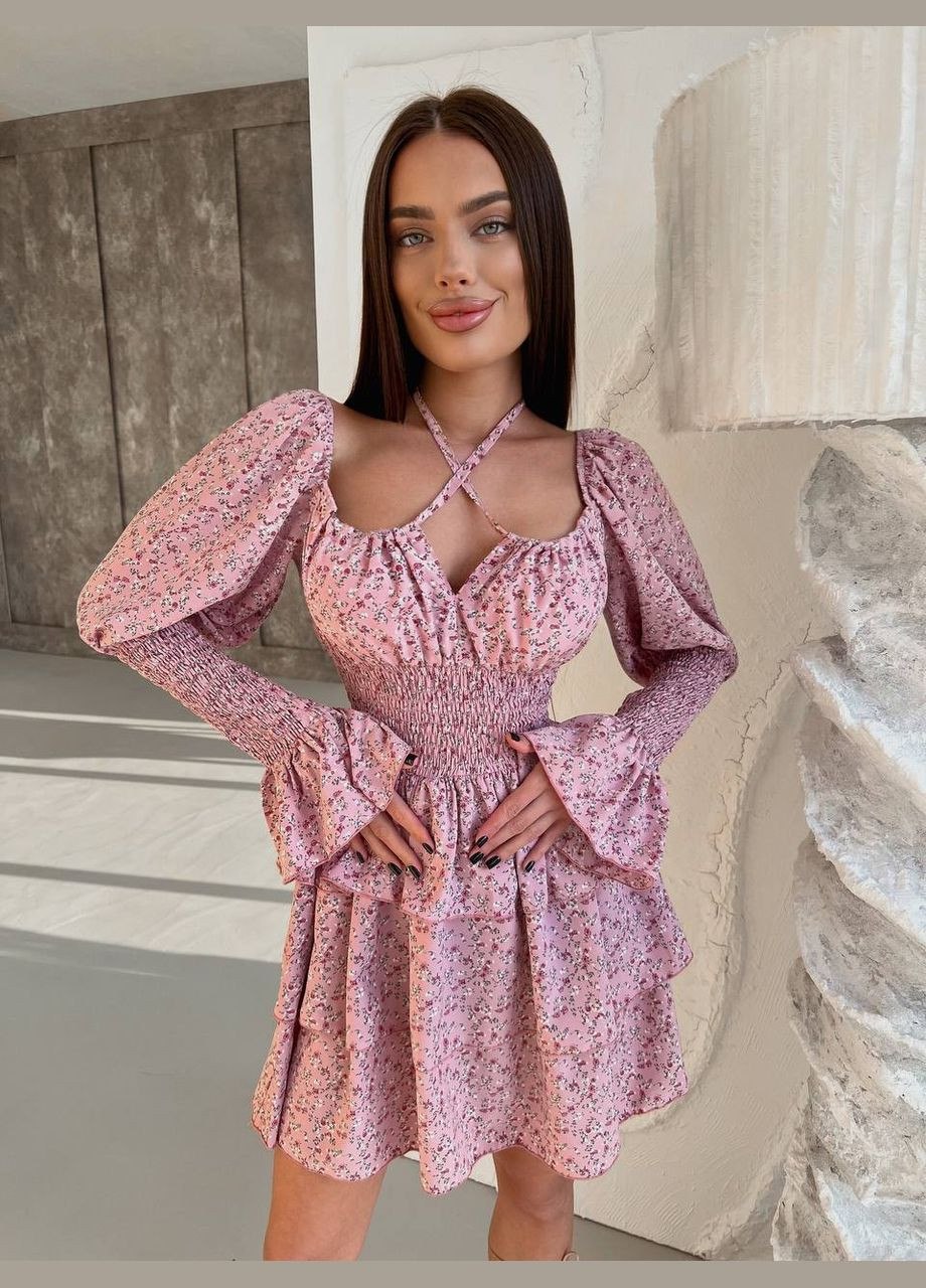 Розовое повседневный, вечернее, кэжуал женское платье клеш FINO Mode с цветочным принтом