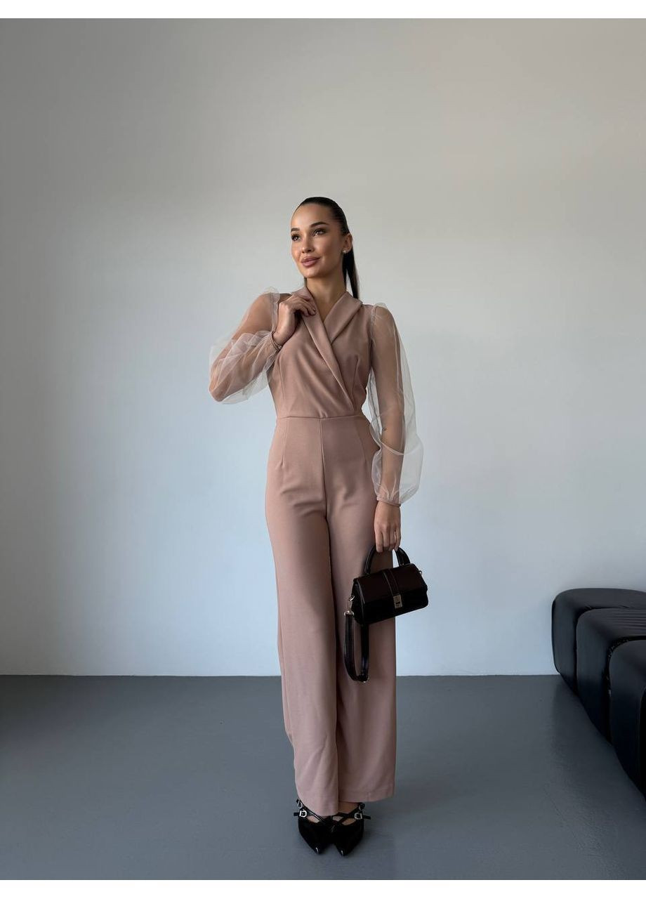 Комбінезон жіночий елегантний Style Point комбінезон-брюки однотонний бежевий святковий, діловий, кежуал креп-дайвінг